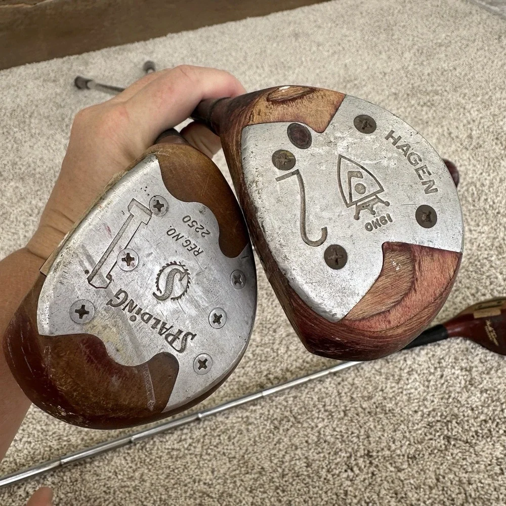 Vintage Golf Driver 1, 2, 3 &4 Wood Steel Shaft Clubs Spalding & Hagen